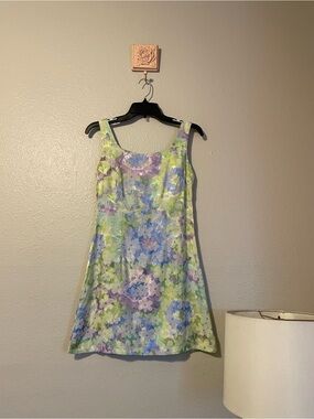 Vintage Shift Dress in Blue, Green & Lavender Tie Dye Floral